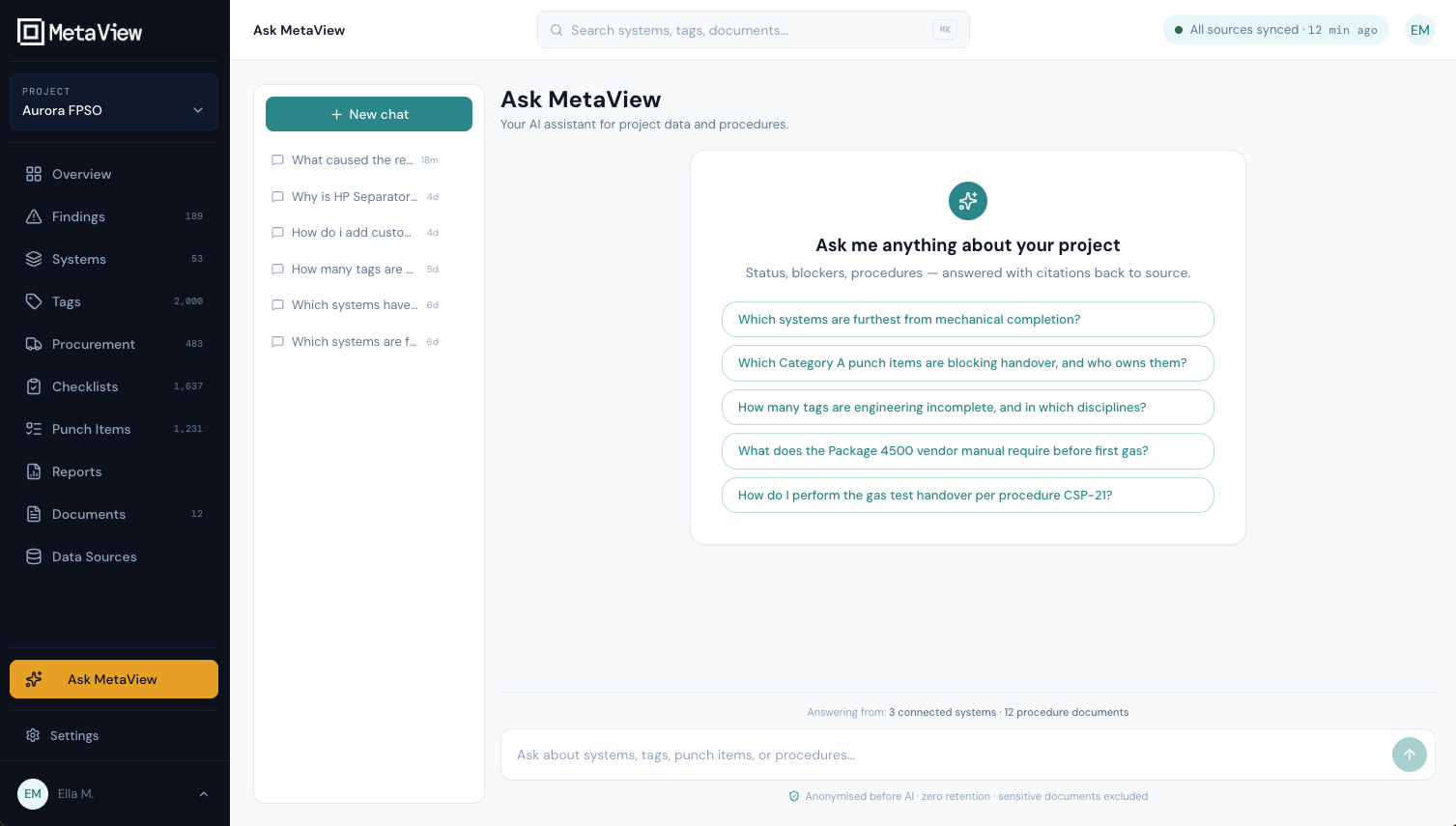 Ask MetaView — plain-language questions with answers cited to source